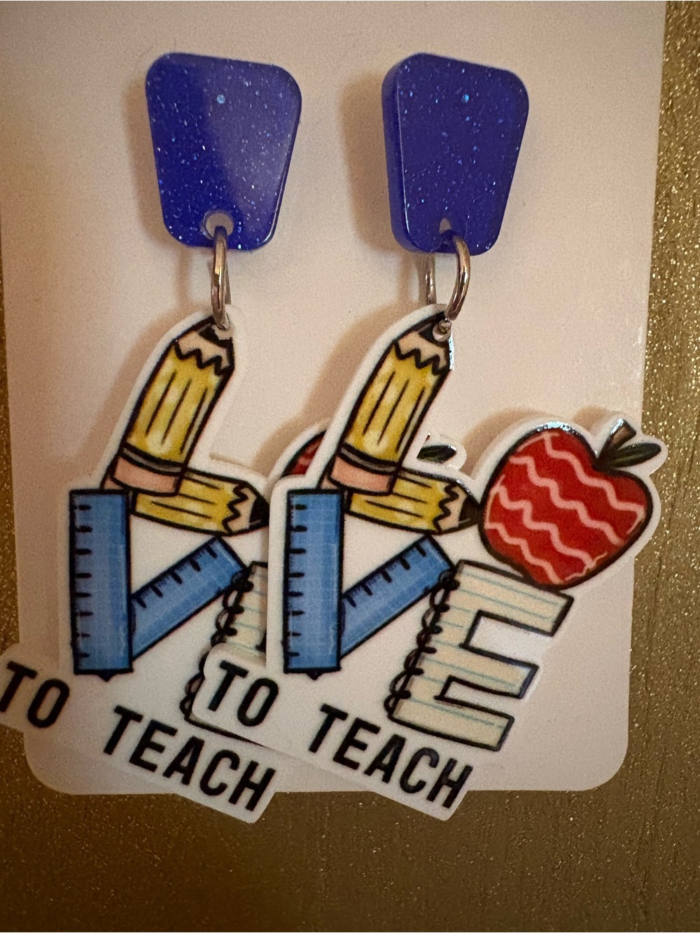 New Love to teach Teacher Dangle Earrings with Pencil, Ruler & Apple Motif